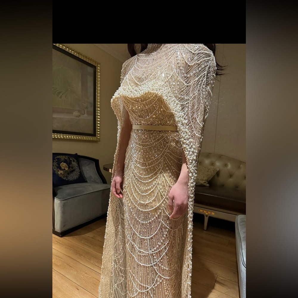 Dubai Arabia Nude Mermaid Long Cape Luxury Evening Dresses Gowns - Picture 4 of 16